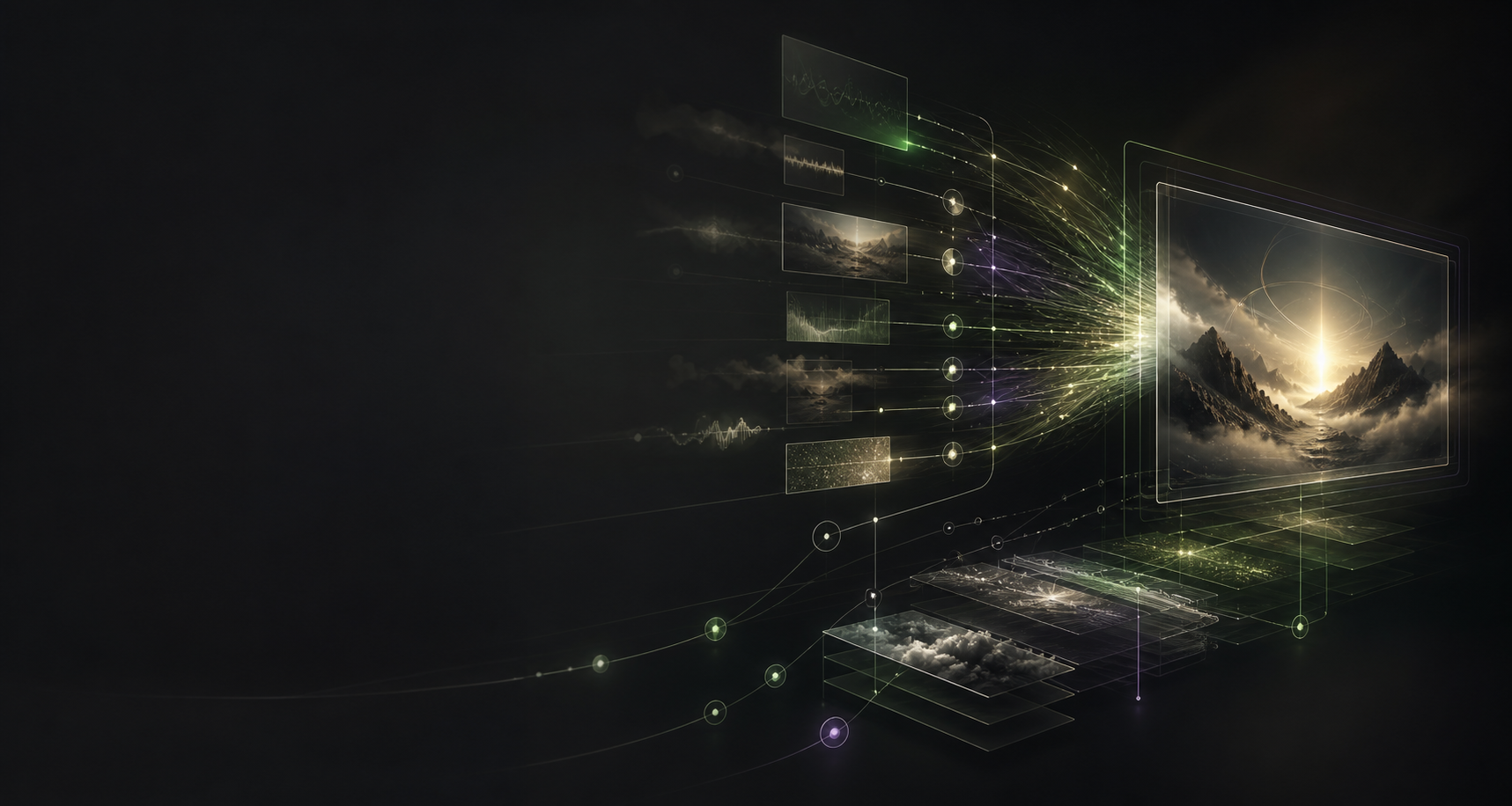 Abstract network of luminous green and purple media streams converging on a mountainous video frame